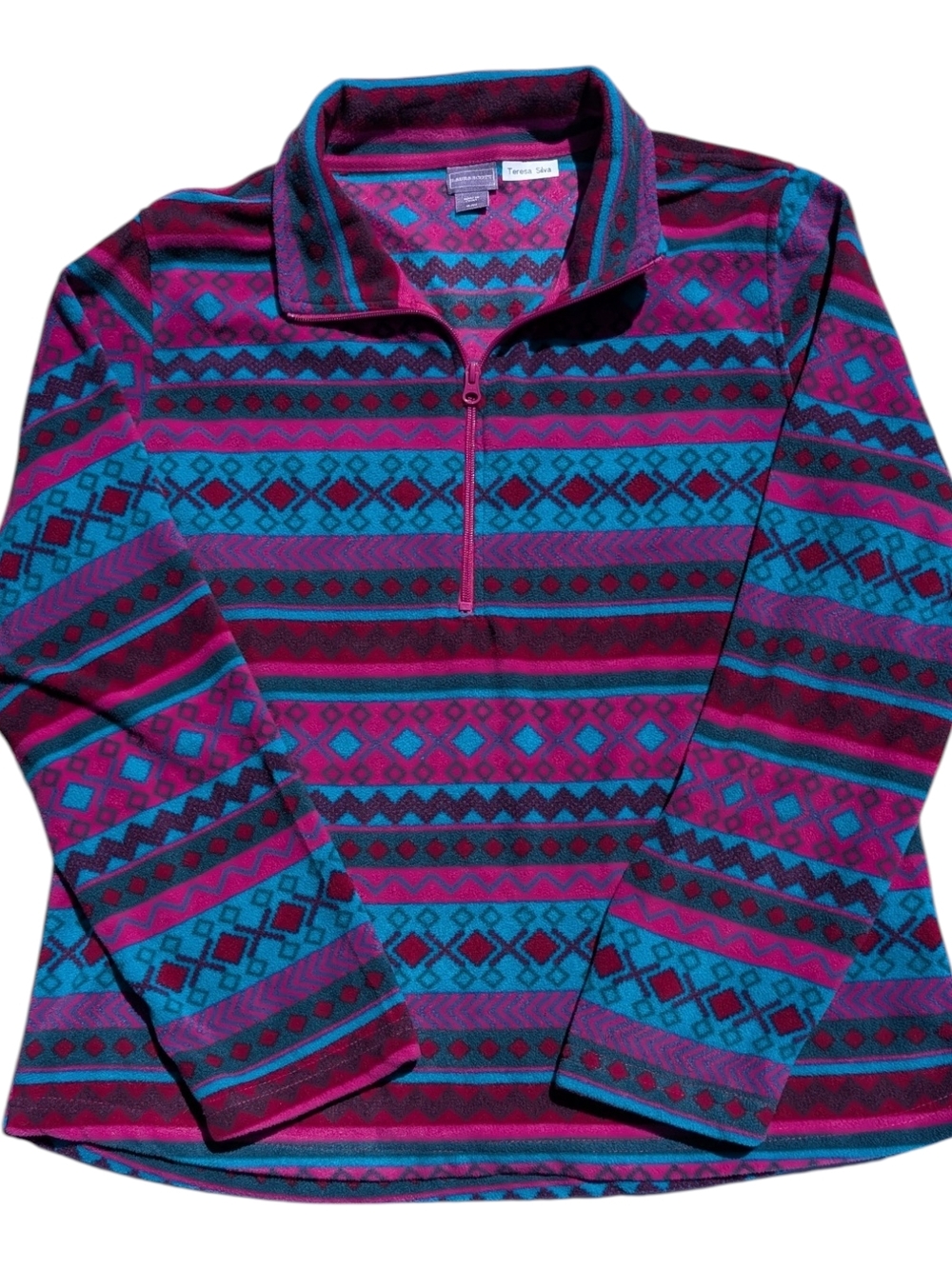 90s FairIsle Geometric Colorblock Stripe Fleece Sweater Women's XL Y2K
